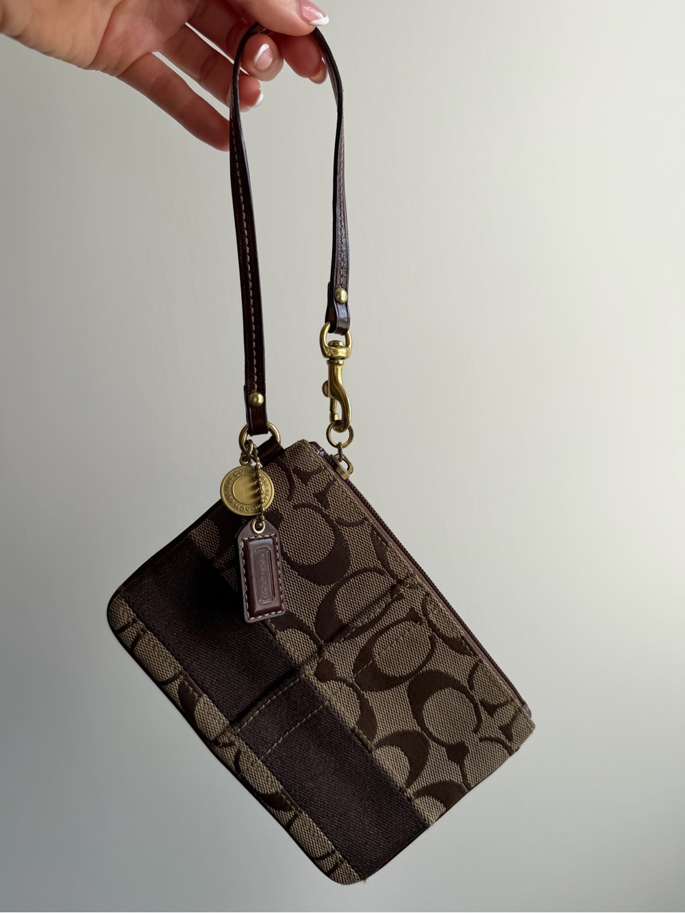 Coach Brown Signature Canvas Wristlet with Dark Brown Trim